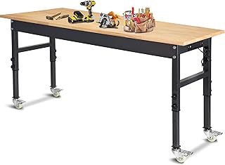 60" Adjustable Work Bench, Rubber Wood Top Workbench Heavy-Duty Work Table with Power Outlet and Wheels, 2000 LBS Load Capacity Hardwood Work Benches for Garage, Workshop, Home, Office, Easy Assembly