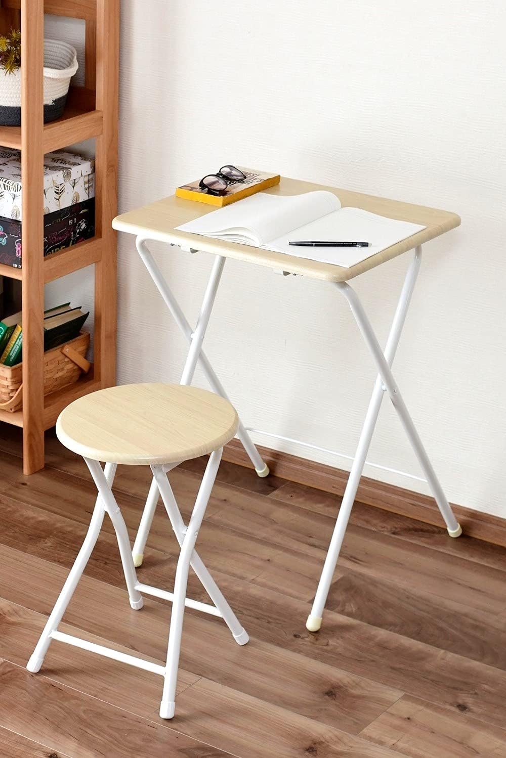 Yamazen Folding Desk Chair Set, Desk (W x D x H): 19.7 x 18.9 x 27.6 inches (50 x 48 x 70 cm), Chair (W x D x H): 11.8 x 11.8 x 18.1 inches (30 x 30 x 46 cm), Finished Product, Natural Maple/Ivory