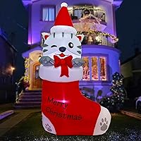 Vista 3 de Juegoal - Inflables de Navidad de 1.5 m, decoraciones inflables para exteriores, gatito inflable en calcetin de Navidad, gato iluminado inflable