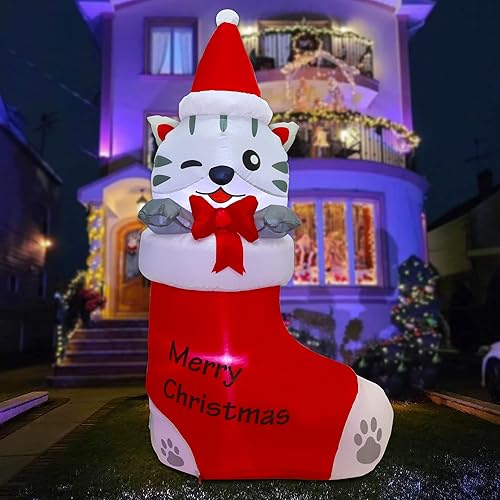 Miniatura 3 de Juegoal - Inflables de Navidad de 1.5 m, decoraciones inflables para exteriores, gatito inflable en calcetin de Navidad, gato iluminado inflable