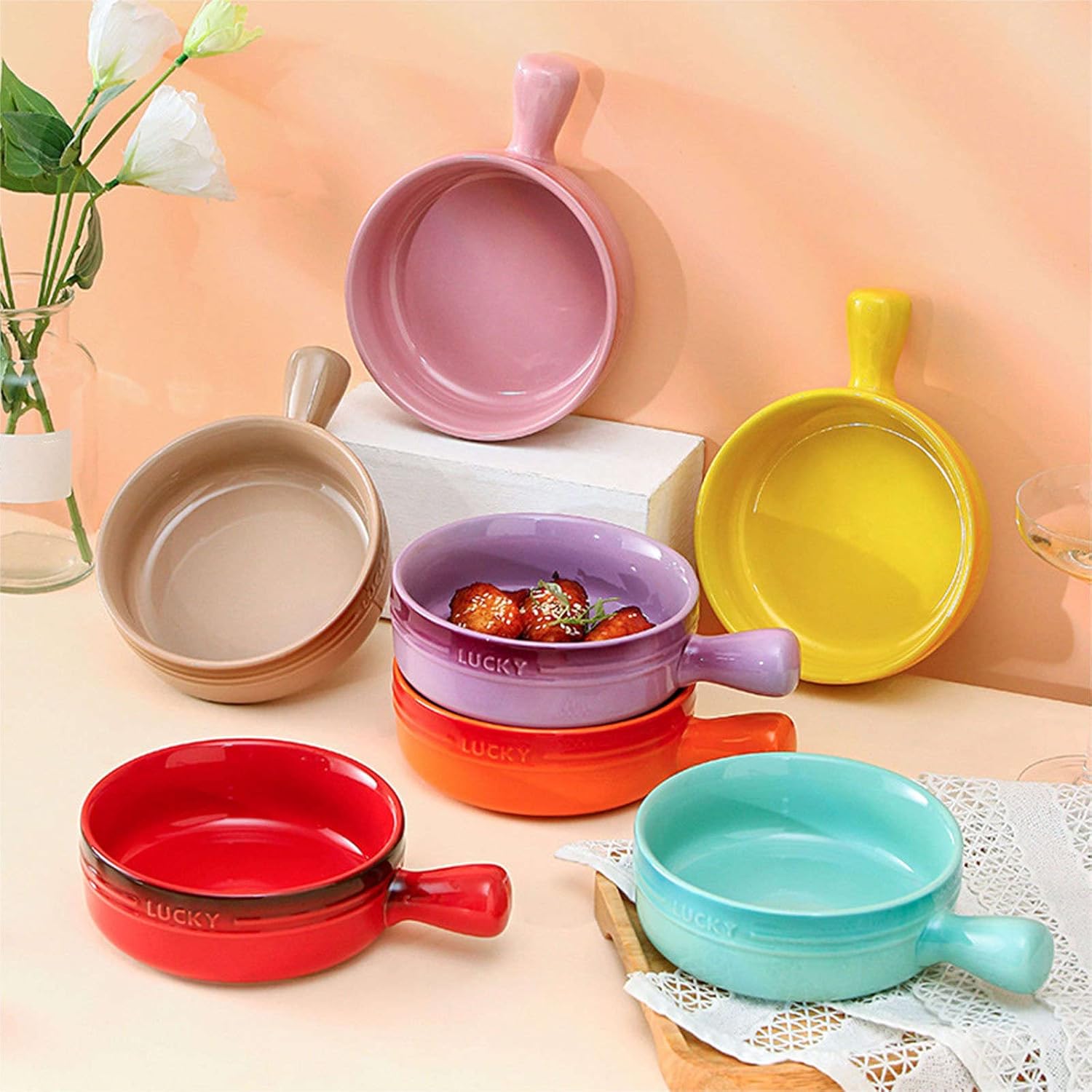 Stackable Ceramic Baking Pan，Lasagne Dish Large Deep,Lasagne Dish Large Deep, Ceramic Soup Bowl with Handle, Single Ramen Bowl for One Person, Small Pho Bowl,(Purple), 20x15x5cm