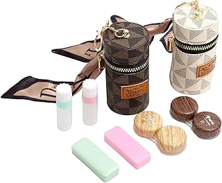 BEKMLOD 8Pcs Contact Lens Case Set Leather Contact Lens Case Bag Wood Grain Contact Lens Case Compact Eye Contact Case,Girls Travel Mini Makeup Case for Perfume Mascara Lipsticks,White&Black