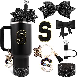 Black Cup Accessories Set for Stanley 30OZ & 40OZ Tumbler with Handle, Letter Charms, Bow & Diamond Straw Covers, Glitter Silicone Boot, Personalized Sticker for Stanley Cup Accessories (S)