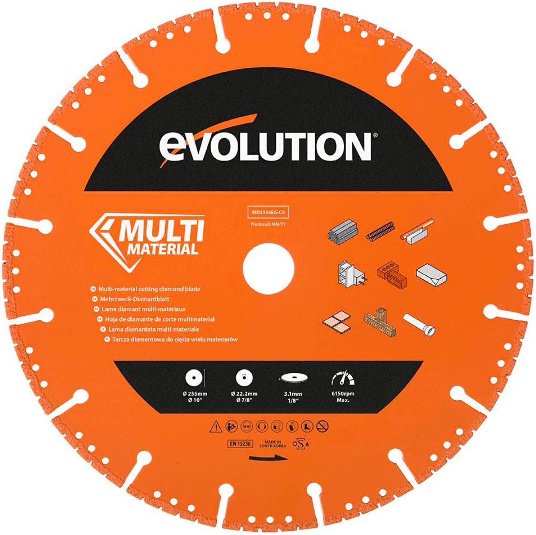 MD255SEG-CS Multi Material Diamond Blade For Disc Cutters - Segmented Rim Removes Debris From Cut - Ideal for Cutting Metal, Brick, Tiles and Plastic, 255 mm