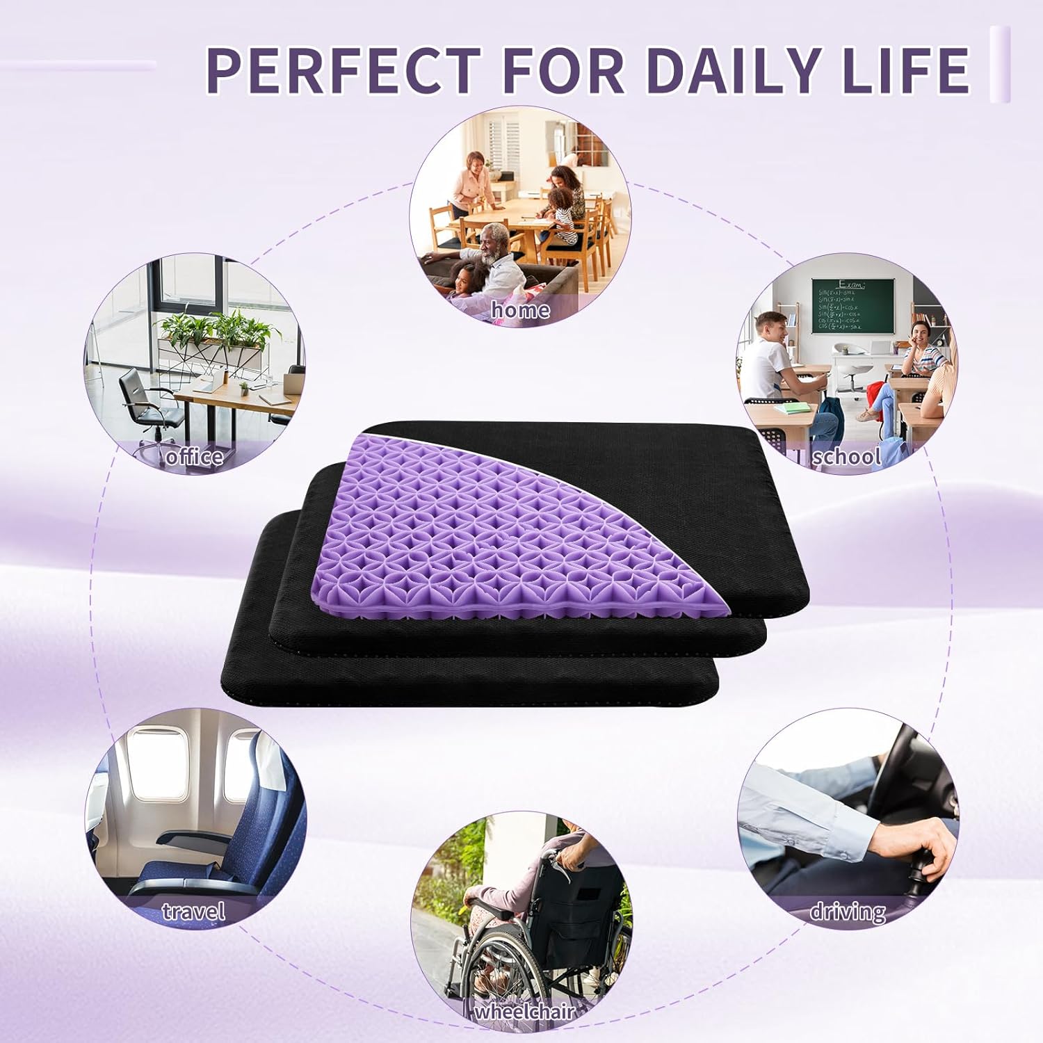 3 Pack Gel Seat Cushion for Long Sitting Pressure Relief Gel Chair Cushions for Hip Pain, Soft & Breathable Comfy Cushion for Office Chair, Wheelchair & Car