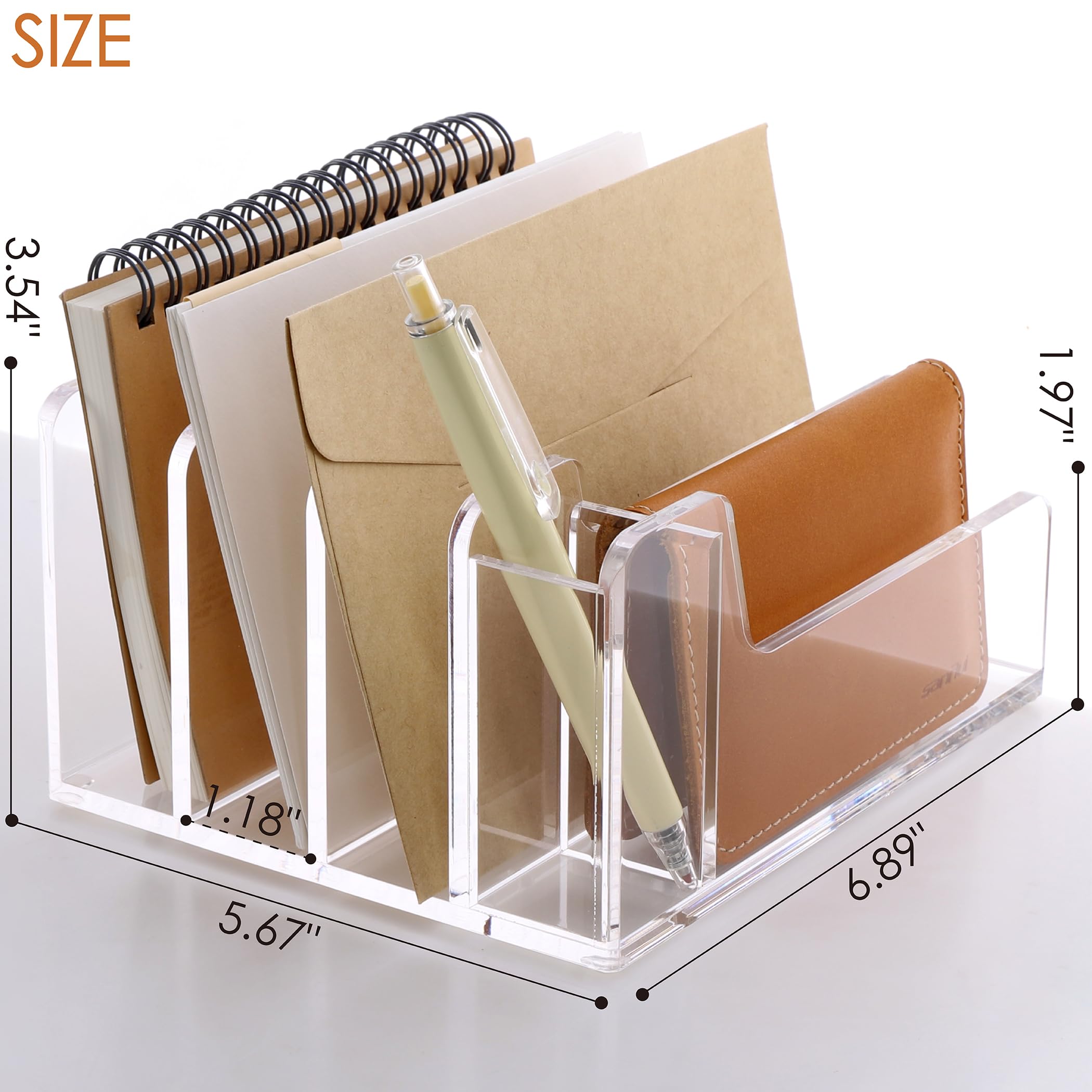 SANRUI Organizador de escritorio acrílico, 5 compartimentos con soporte para bolígrafos, clasificador de correo moderno transparente, 17,5 cm de ancho x 14,5 cm de profundidad x 9 cm de alto