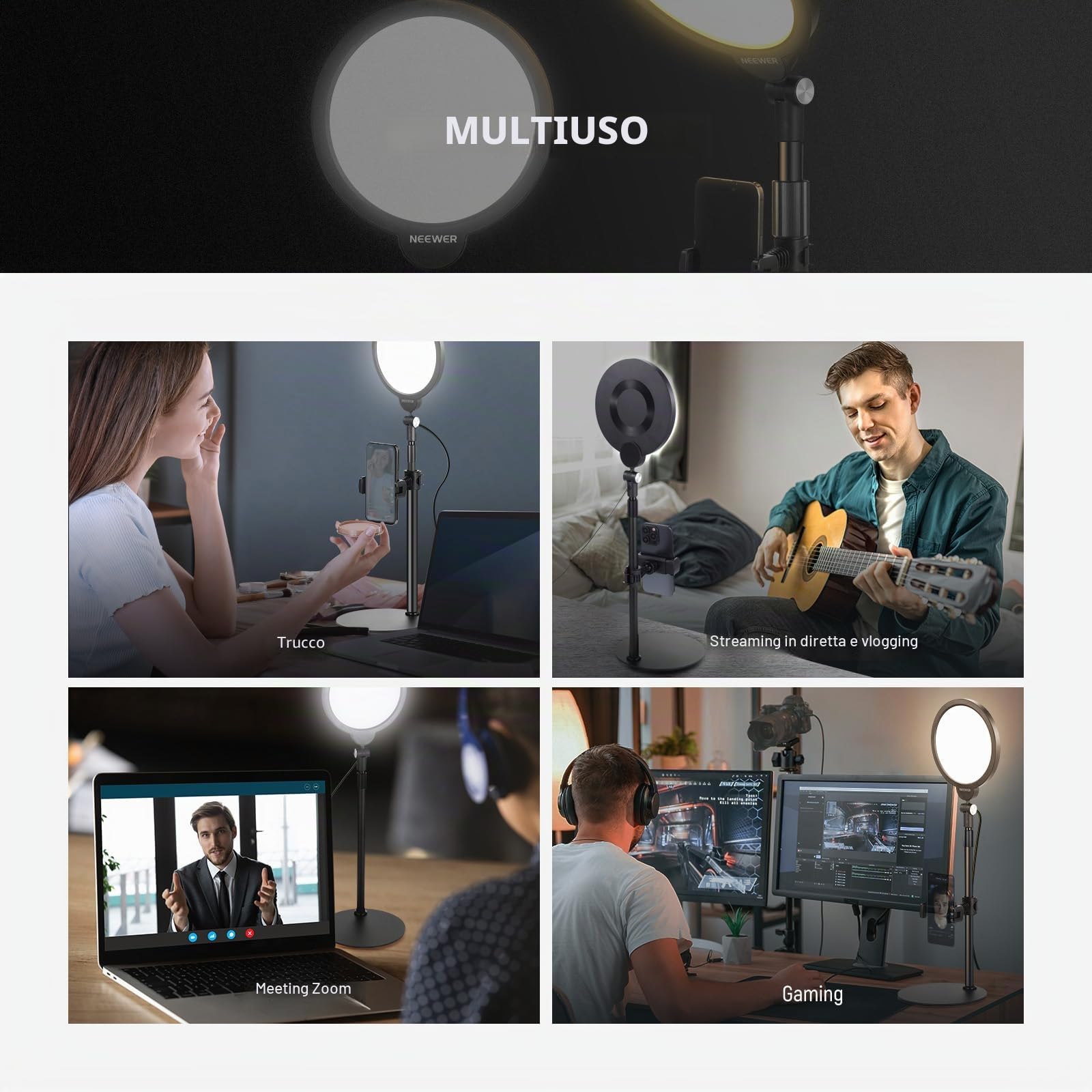 NEEWER BASICS 7” Ring Light da Scrivania (2pz) per Riprese Video, 10W Key Light a Schermo Intero Dimmerabile con Supporti e Portatelefono per iPhone Computer Laptop Vlog Streaming Videoconferenza, R06