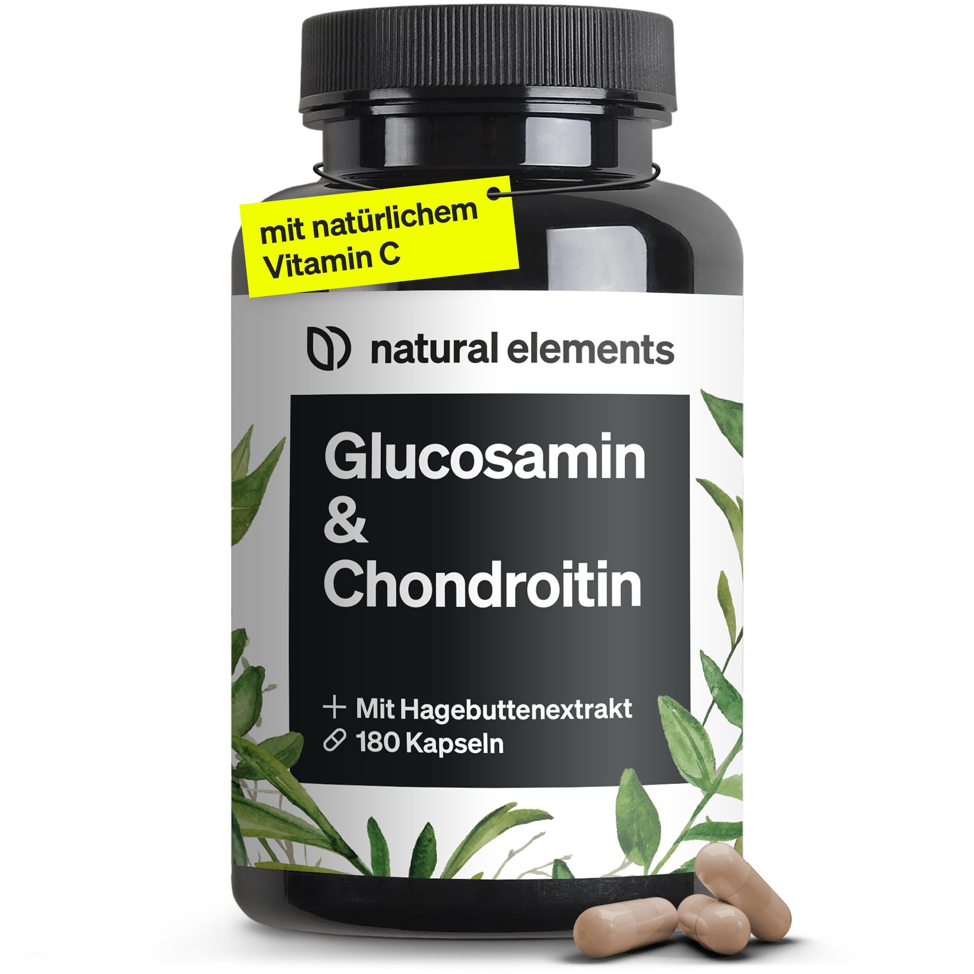 natural elements Glucosamin & Chondroitin – 180 Kapseln – mit Vitamin C für eine normale Kollagenbildung* – hochdosiert, ohne unnötige Zusätze – in Deutschland produziert & laborgeprüft