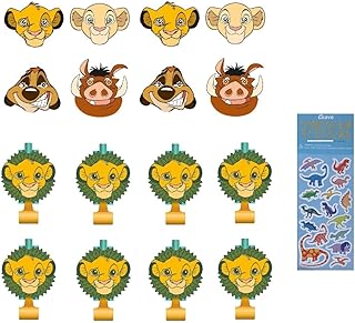 Unique Lion King Birthday Party Supply Decoration Favor Bundle Pack includes Paper Masks and Blowouts and 1 Esave Dinosaur Sticker Sheet