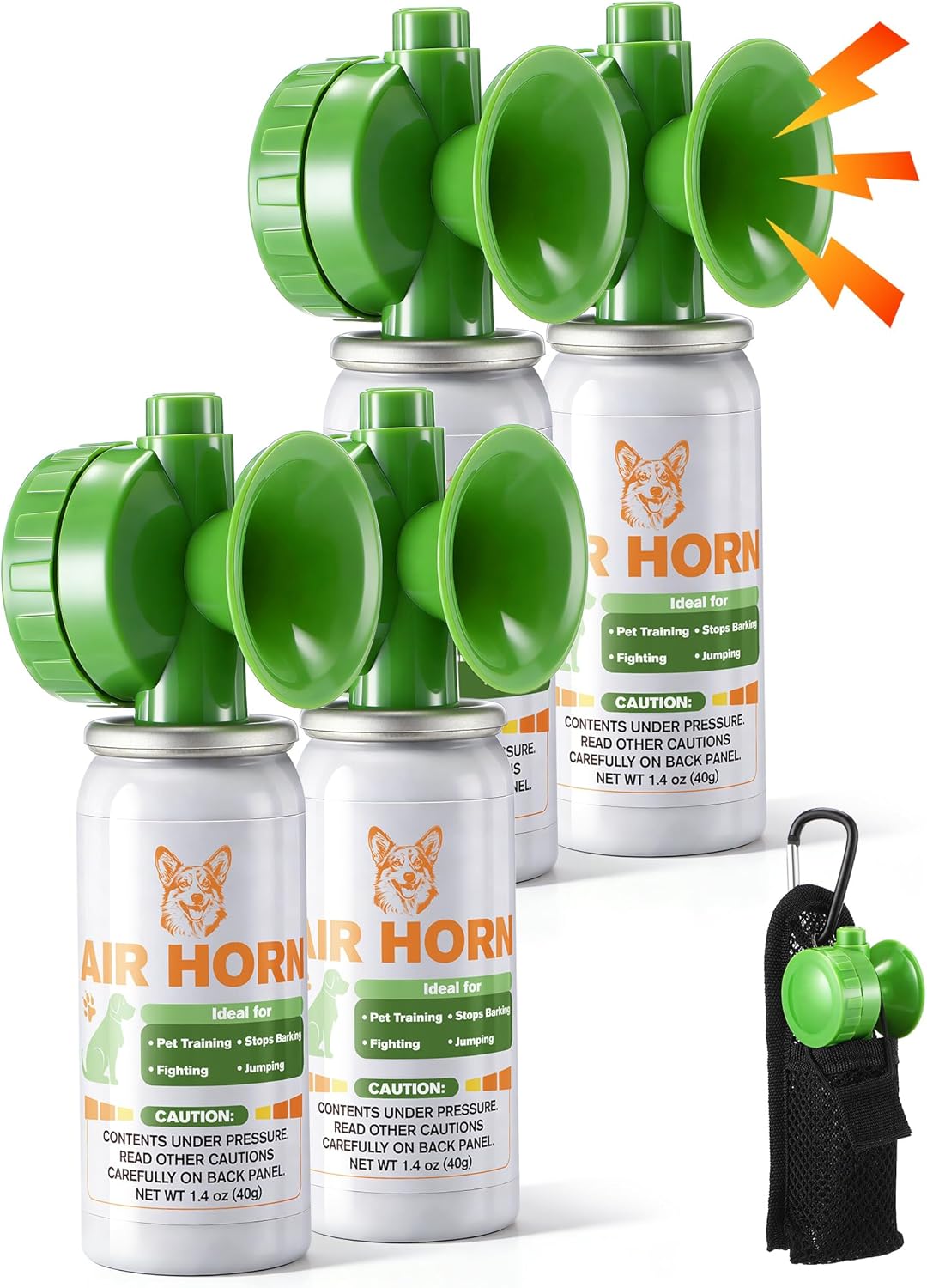 Air Horn with Holster, 1.4 oz 120 dB Loud Pet Trainer to Stop Dog Attacking Barking Fighting Jumping, Coyotes Air Horn for Safety, Protect Yourself & Pet While Walking, Green(4 Pack)