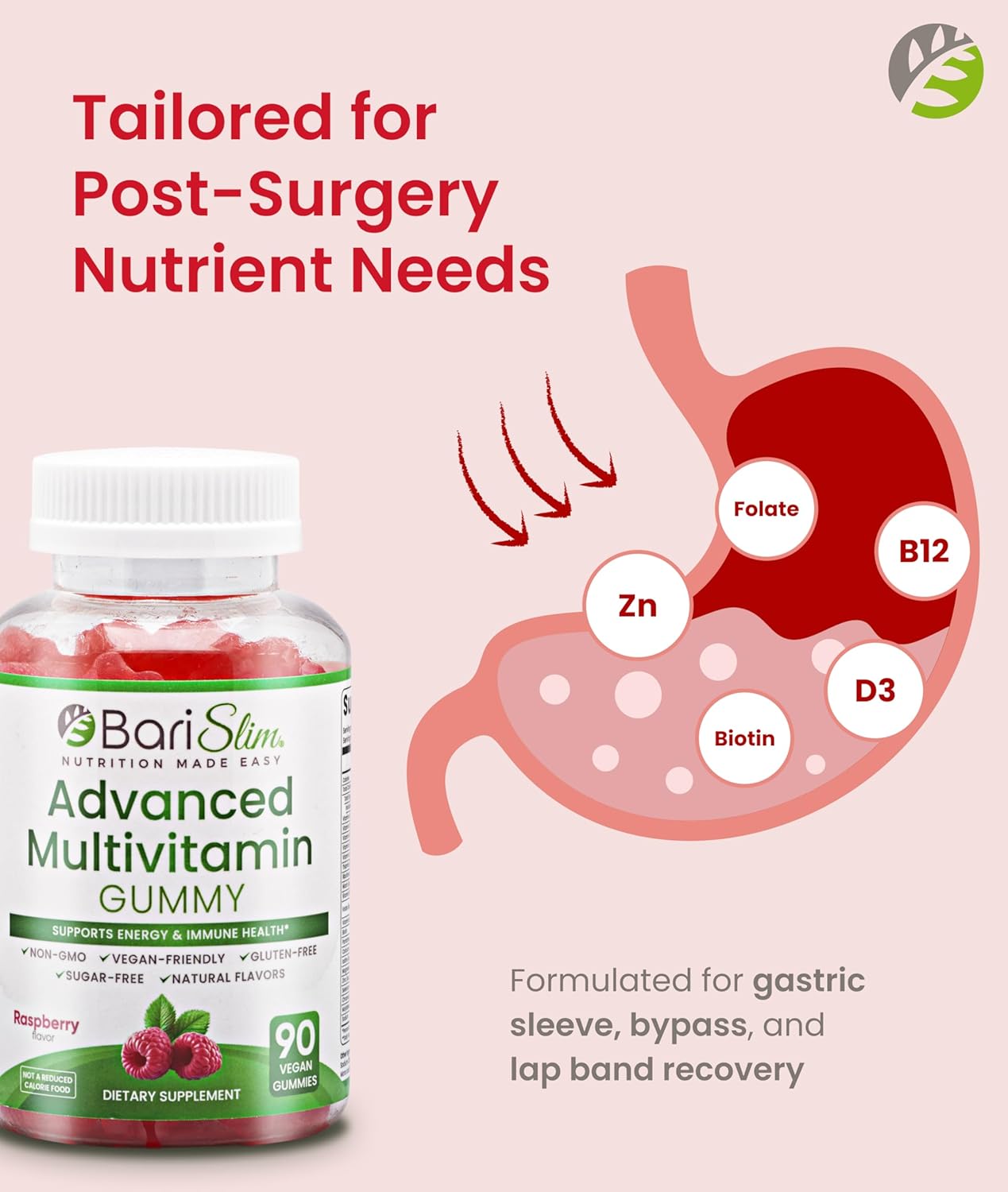 BariSlim Advanced Bariatric Multivitamin Gummies - Specially Formulated Bariatric Vitamins for Patients After Weight Loss Surgery - Supports Energy & Immune Health | Raspberry (90 Vegan Gummies) - Image 3