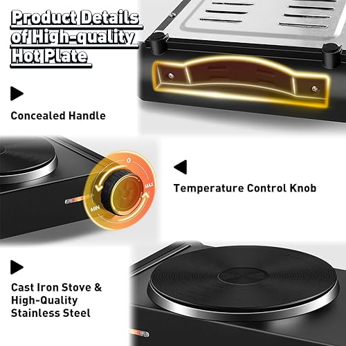 Miniatura 3 de Hot Plate,Cusimax Portable Electric Hot Plate for Cooking,1500W Countertop Single Burner, Cast Iron Stove, Concealed Handle, Temperature Controls,