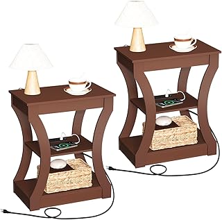 End Table set of 2 with Charging Station, Side Table with USB Ports and Outlets, Nightstand, 3 Tier Bedside Table with Storage Shelf for Living Room, Bedroom, small space, Cherry ETWA53E01S2