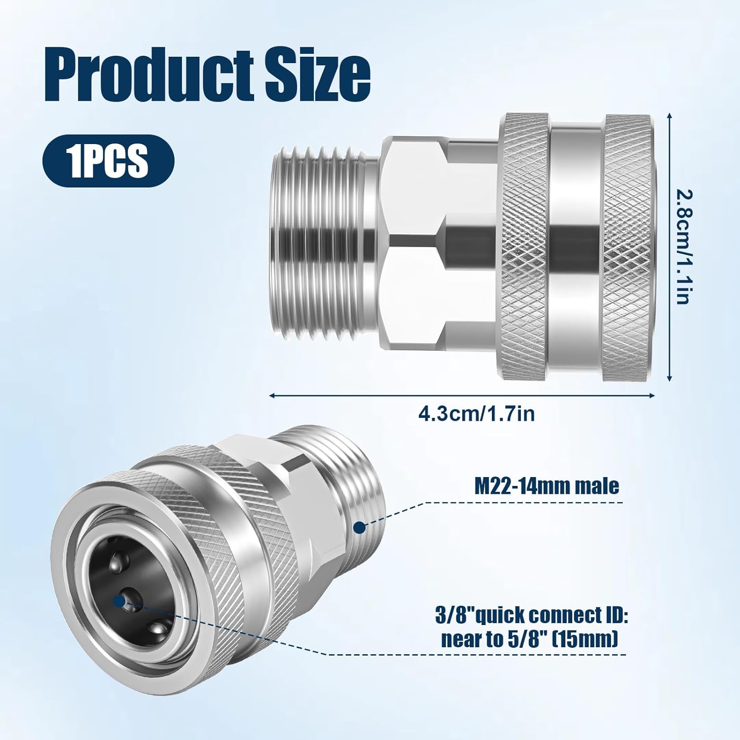 Pressure Washer M22-14mm to 3/8" Quick Connect Socket Adapter, Pressure Washer Hose Adapter, Hose Adapter Quick Connect, 5000 PSI, Stainless Steel, Silver