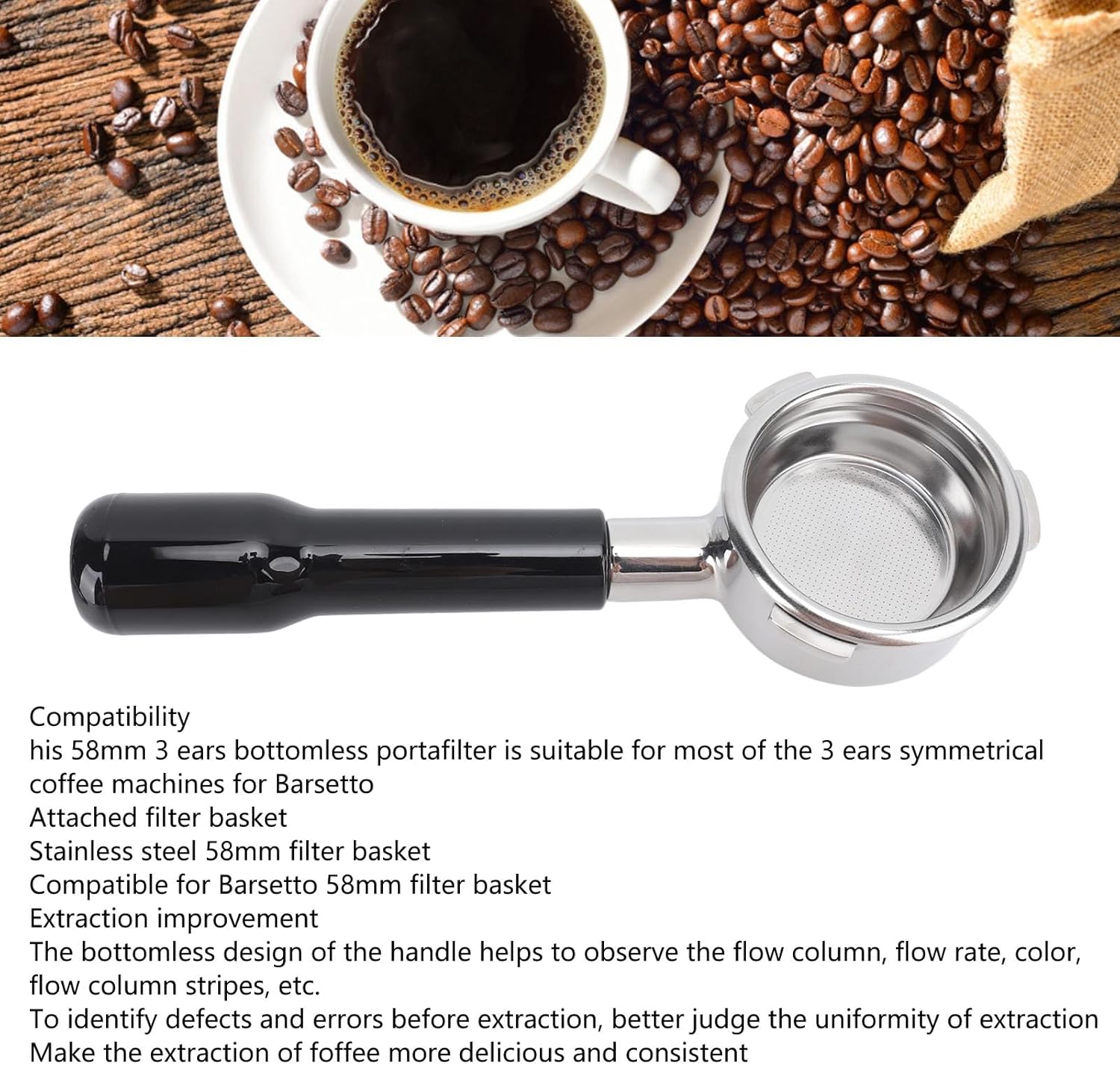 58mm Bottomless Portafilter, 3 Ears Detachable Stainless Steel Espresso Portafilter, Bottomless Naked Portafilter with Filter Basket for 3 Ears Symmetrical Coffee Machines(Black)