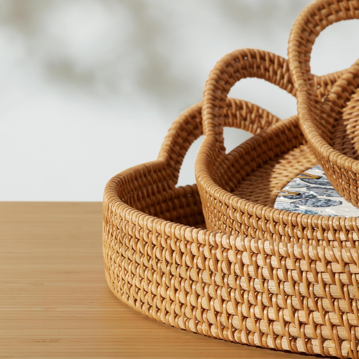 Round Rattan Tray Set (3-Piece) with Mother of Pearl Inlay & Wooden Base | Decorative Wicker Serving Basket | Storage for Coffee, Bread, Fruit | Table, Kitchen Island Decor