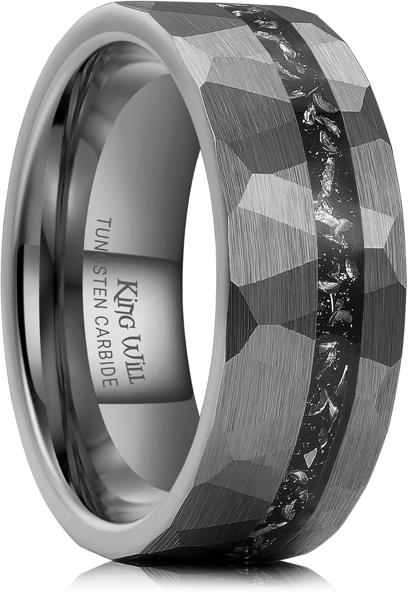 King Will Tungsten Wedding Band Opal Inlay for Men Black Hammered | Black, 8mm, Hammered, Comfort Fit, Opal inlay, Promise Gift