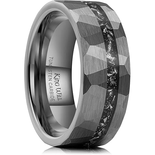 King Will 8mm Tungsten Carbide Opal Rings For Men Black Wedding Band Blue Opal Inlay Brushed Hammered Promise Rings Comfort Fit Size 7-14