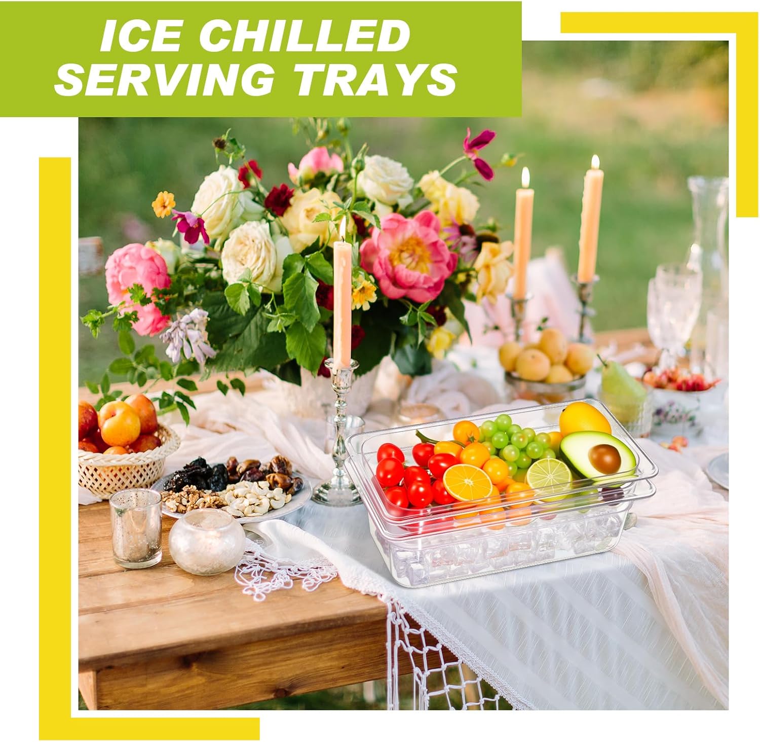 Rtteri 2 Sets Ice Chilled Serving Tray with Lid and Tongs Cold Food Buffet Server Platter for Parties Christmas Thanksgiving Fruit Vegetable Shrimp Salad Cocktail Snack Food Cold Travel Ice Bowl