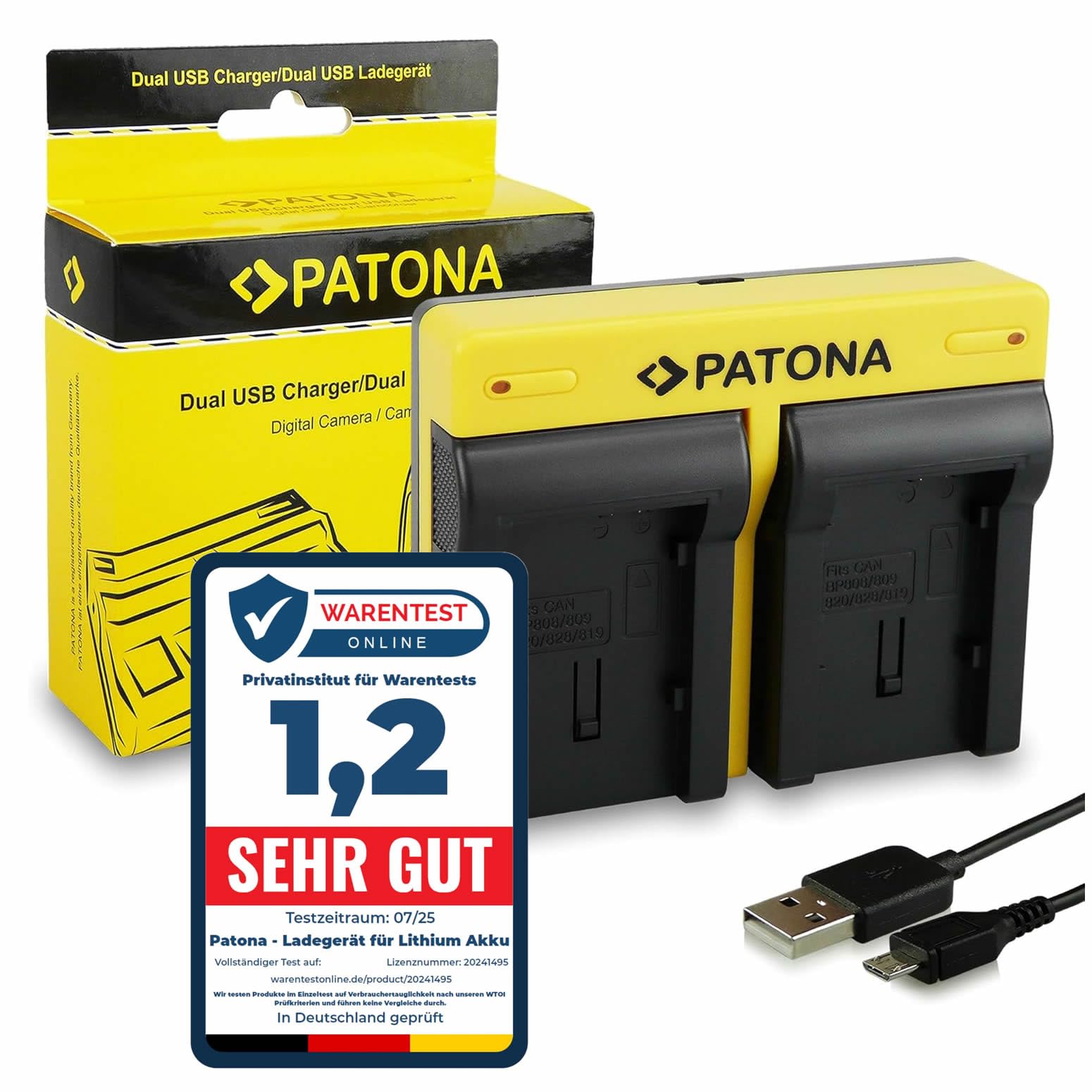 PATONA Dual Ladegerät Kompatibel mit Canon BP-807 BP-808 BP-809 BP-819 BP-820 BP-827 BP-828 Akkus | Ersatzakku BP-807, sichere Li-Ion-Zellen, kein Memory-Effekt – für Canon Legria & HF G25