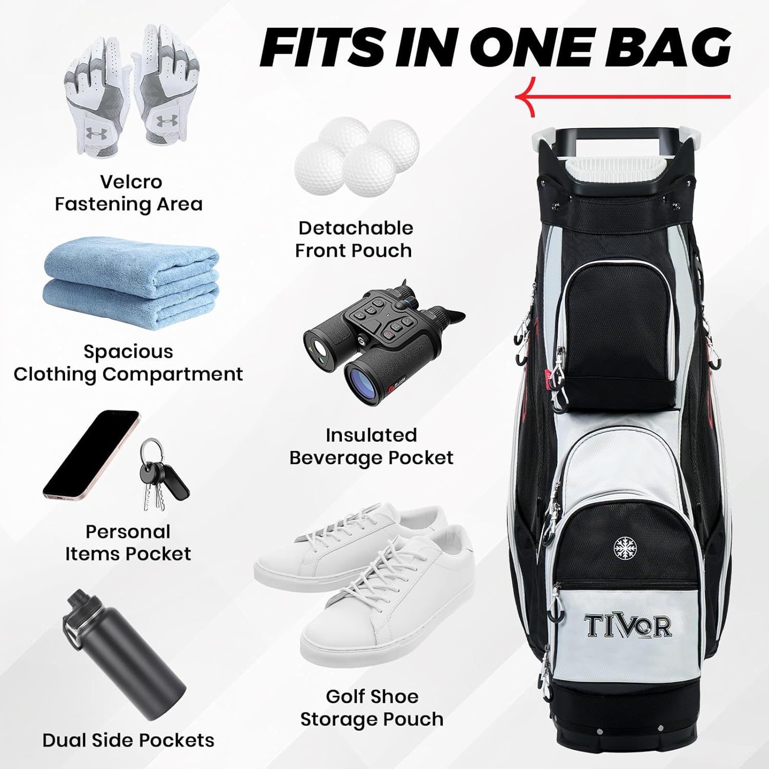 TIVOR Golf Cart Bag 15-Way Dividers, 12 Pockets, Premium Silent Design with Rain Hood - Black & Gray