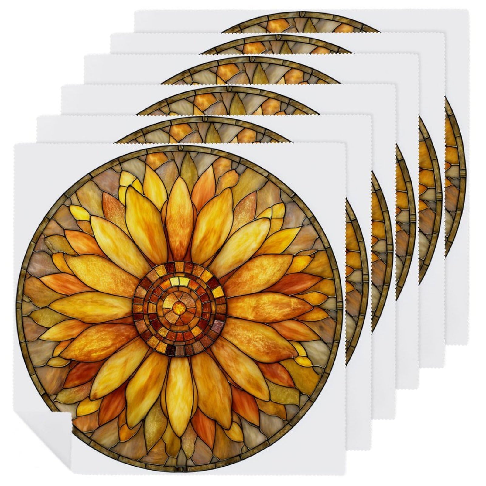 Jubonexis White Stained Glass Tiles Sunflowers Cloth Napkins Set Of 6, Square Premium Reusable Washable Polyester Table Linen Napkin For Dinner Party