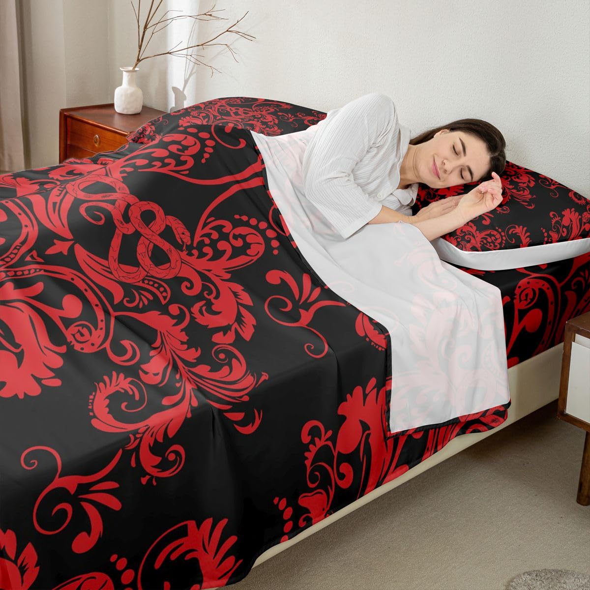 Homewish Czerwony adamaszek zestaw pościeli podwójny serpentyn mały smok gotyckie prześcieradła vintage boho kwiatowy zestaw prześcieradeł - antyczne wiktoriańskie dopasowane prześcieradła wierzchnie