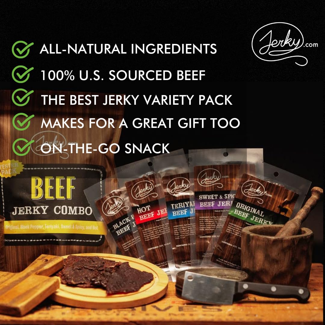 Jerky.com Beef Jerky Combo - Featuring Flavors Hot, Teriyaki, Original, Sweet & Spicy, Black Pepper - Gourmet Snack Gift for Men (5 Flavors - 2.5 oz. bags)