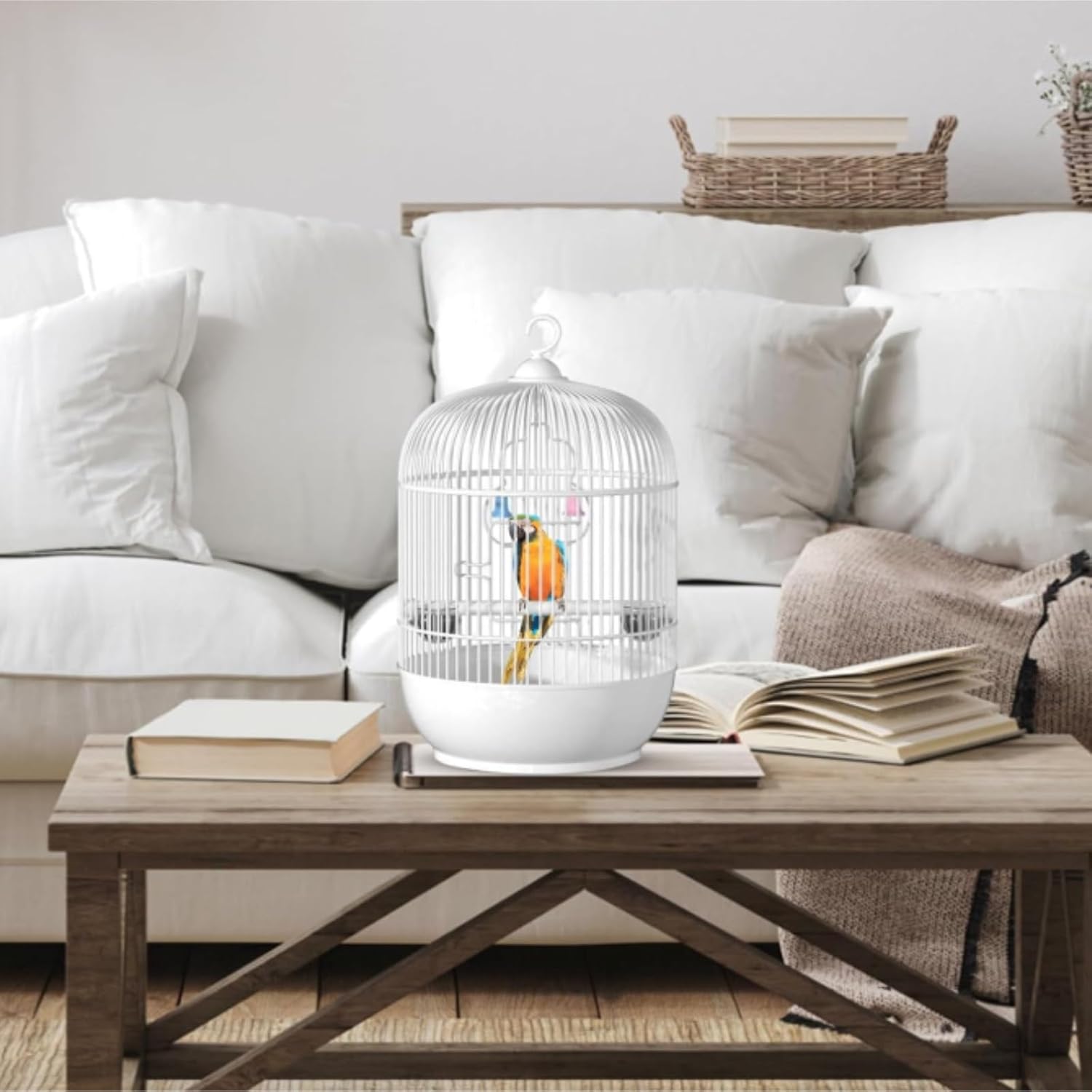 Indoor Bird Cage Round Metal Birdcage with Wire Gauge Lightweight Structure Secure Ventilation Safe Decorative Aviary(White)