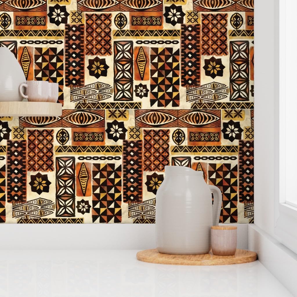 Peel & Stick Wallpaper 3ft x 2ft - Hawaiian Orange Red Yellow Old Rust Antique Polynesian Tiki Custom Removable Wallpaper by Spoonflower
