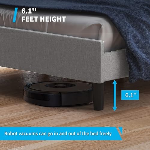 Miniatura 4 de Mjkone Base de cama tamaño Queen, plataforma tapizada de lino y algodón con cabecero con respaldo de ala, plataforma moderna con soporte de listones