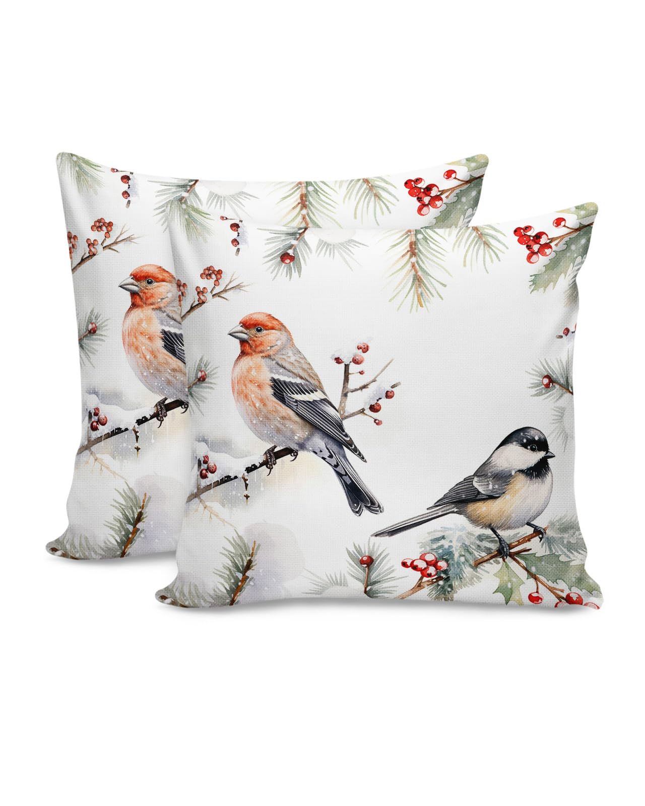 Christmas Throw Pillow Covers 20x20 Inch Set of 2 Red Robin Bird Decorative Pillows Cushion Case Pillowcases Berry Pine Needles Snow Throw Pillows for