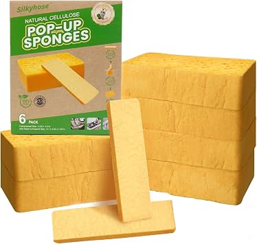 6 Pack Pop-Up Cellulose Sponges | Large Thick & Tear-Resistant | Biodegradable Compressed Sponges for Kitchen, Dishes, Car | Super Absorbent & Long-Lasting
