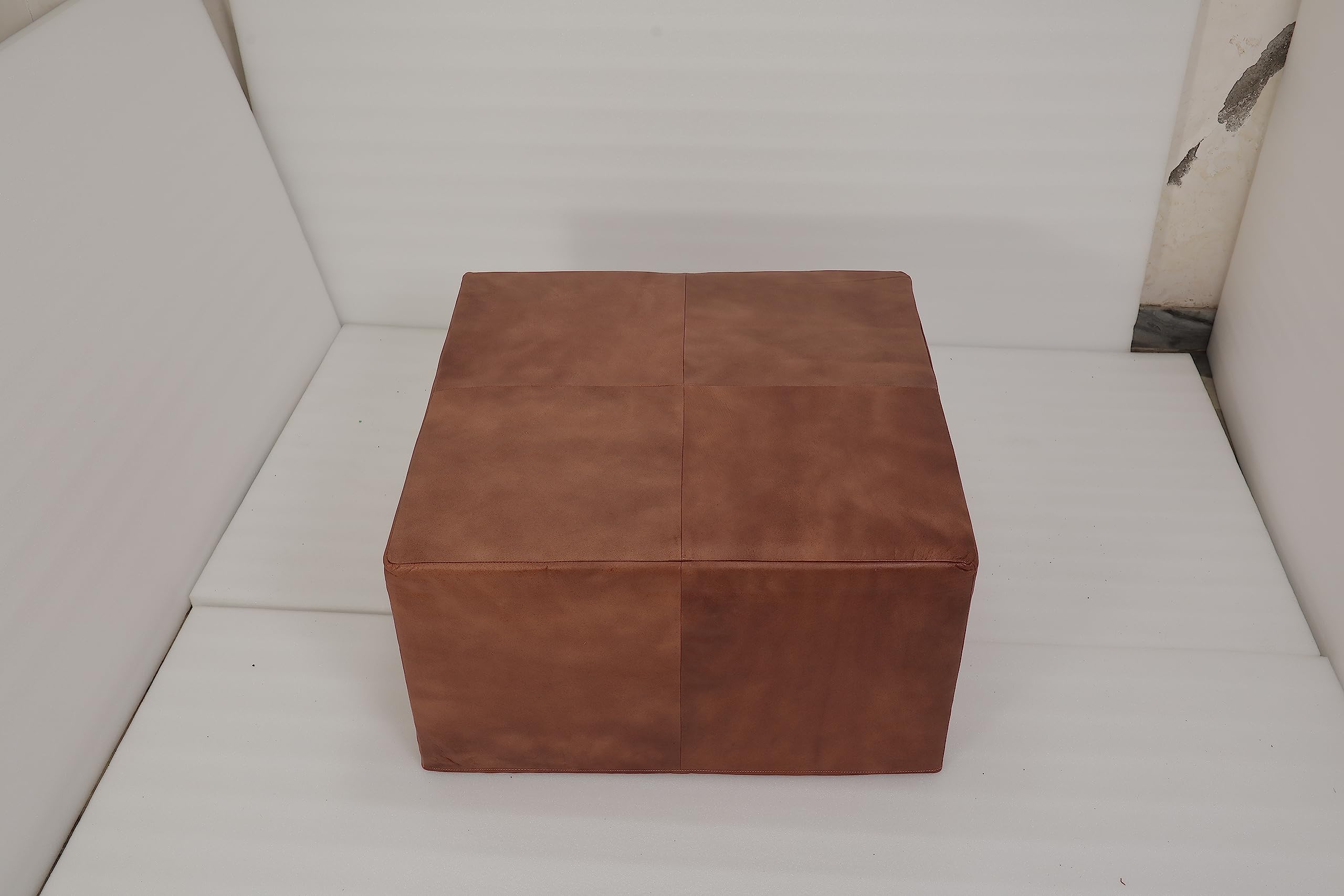 The Tannery Handmade Natural Genuine Leather Ottoman Square Pouf, Storage Ottoman Chair, Leather Living Room Pouf, Moroccan Pouf with Stuffed - Black - 30 Inches