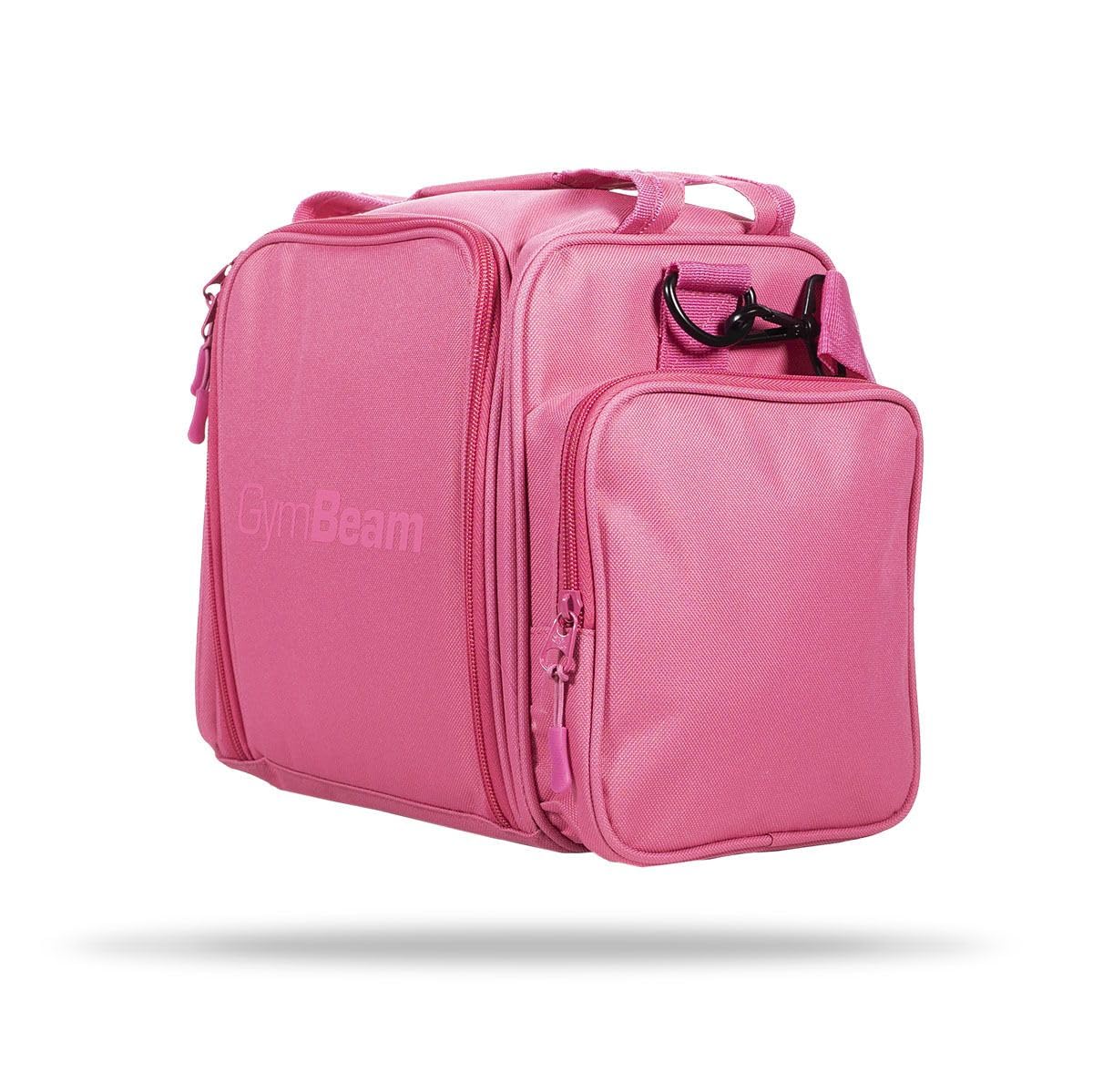 GymBeam FIT Prep Essenstasche - Kleine Kühltasche mit 3 stabilen Behältern, Löffeln und Gelpacks, praktische Kühltasche für Unterwegs mit verstellbarem Schultergurt und Seitentasche (Pink)