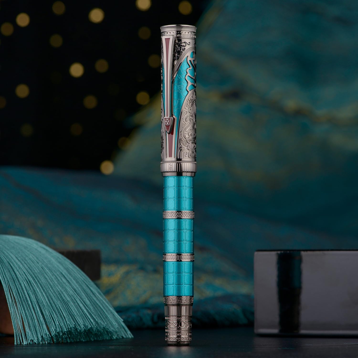 Hongdian D5X Fountain Pen Turquoise Color Medium Nib, Qin Dynasty Retro Chinese Totem Engraving Smooth Writing Pen with Converter and Pen Box Set - Image 2