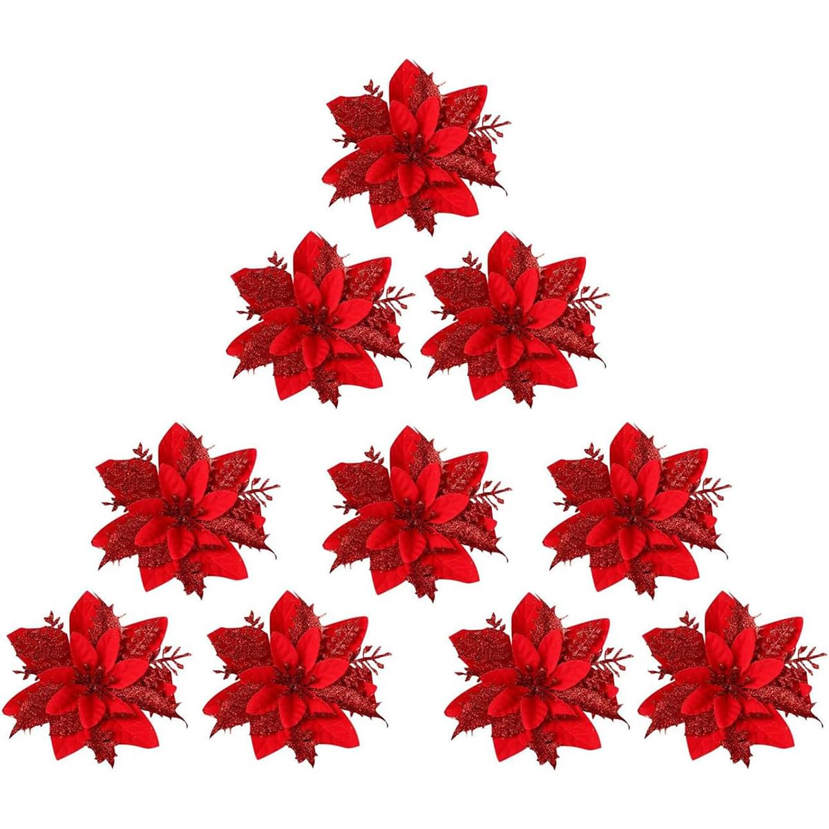HASTHIP10 Pcs Christmas Tree Decorations Red Glitter Poinsettias Ornament Artificial Poinsettia Christmas Tree Decorations Artificial Christmas Flowers Christmas Wreath Decoration Door Decoration
