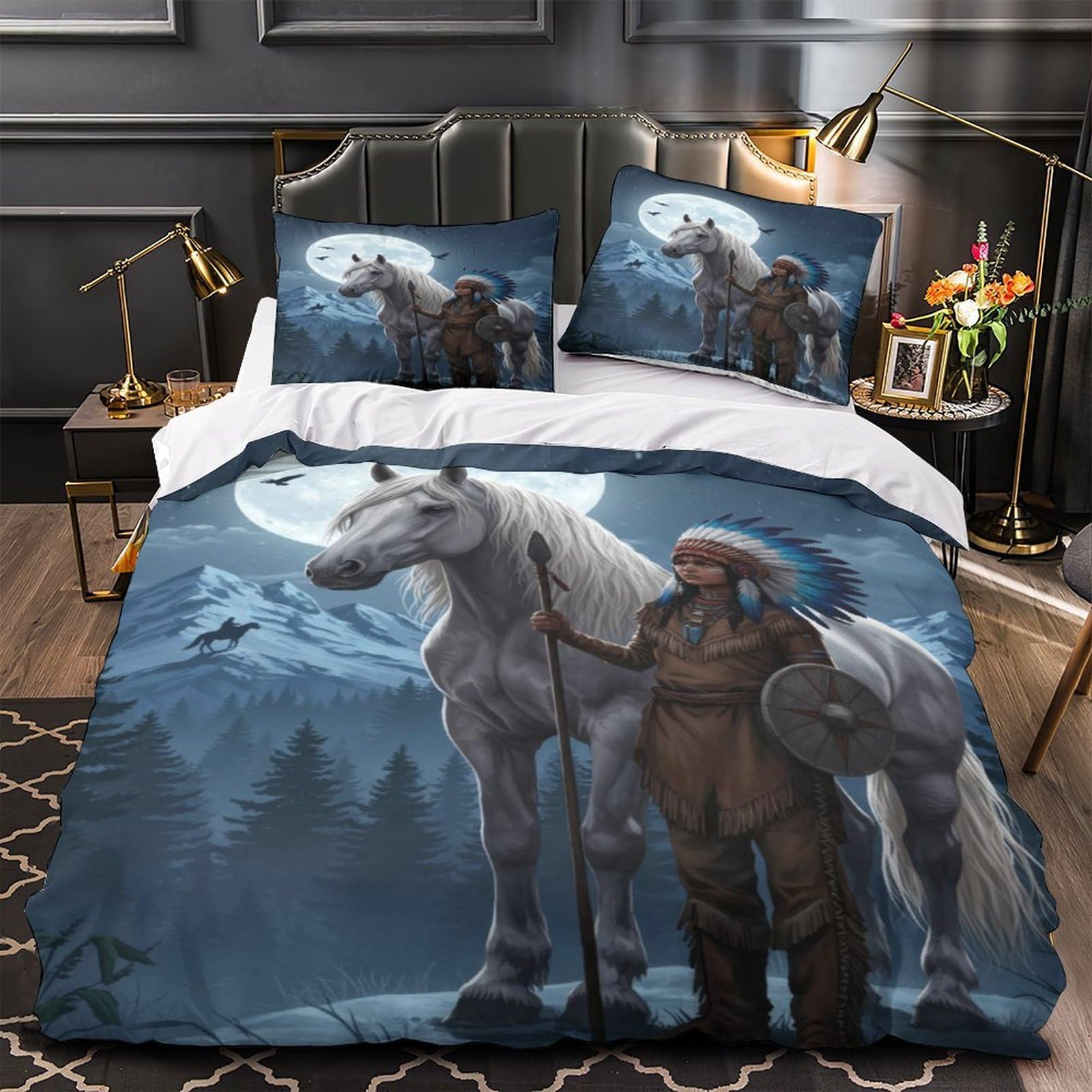 Housse de couette 135x200cm guerrier autochtone en microfibre hypoallergénique avec taie d'oreiller