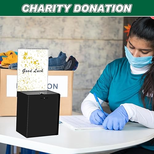 Miniatura 6 de Teling Caja de donación alta de acrílico con candado y placa de letrero, caja de sugerencias segura con placa de letrero y 100 tarjetas de boletos