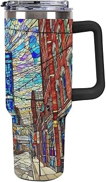 Personalized 40 Oz Tumbler with Handle And Straw Lid Christmas Stained Glass Detroit Leak-proof Travel Coffee Mug City View Gifts for Him Women for Hot And Cold Drinks