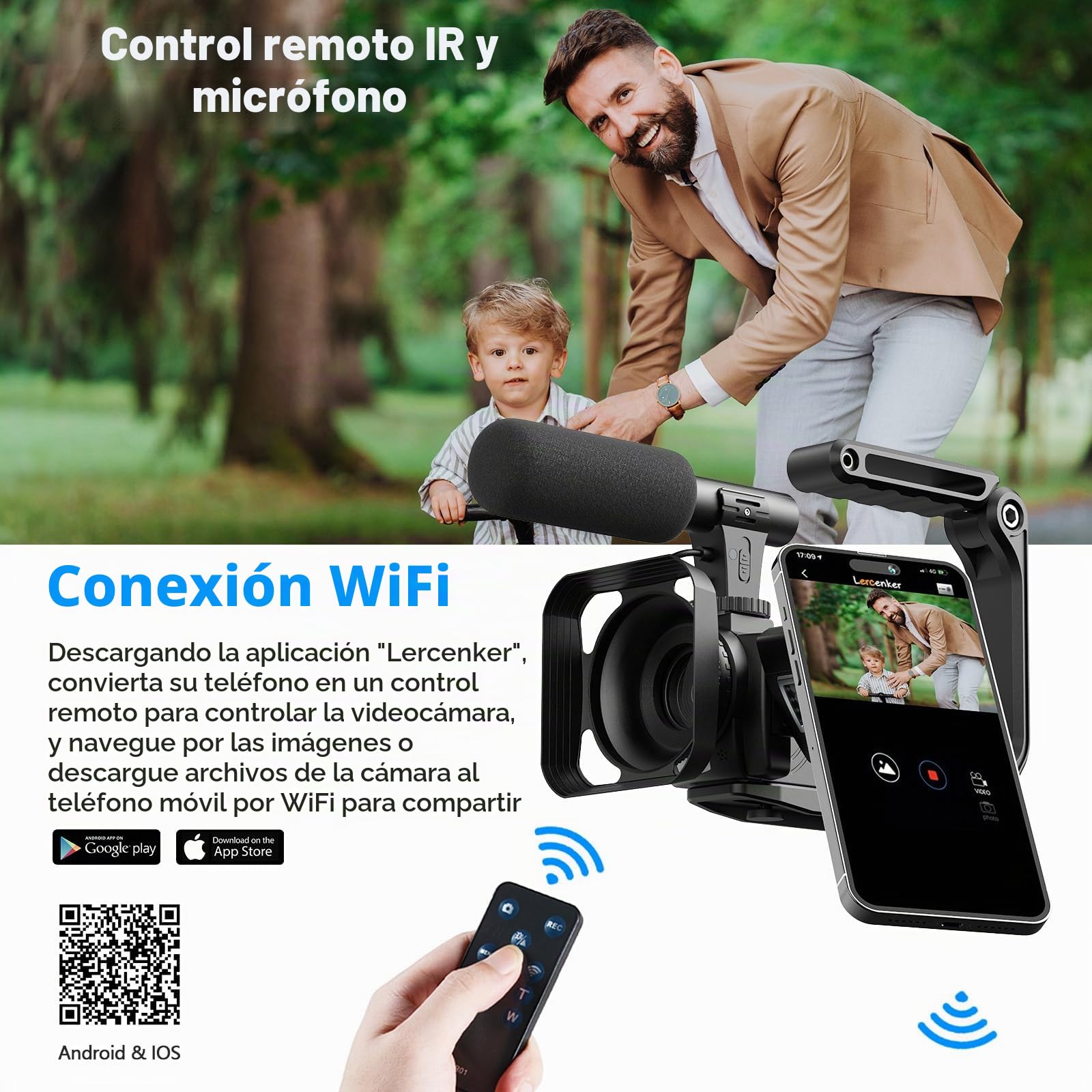 Camcorder 5K 56MP Videocámara Youtube, Kit Completo con Micrófono Trípode Estabilizador, Zoom Digital de 16X, Visión Nocturna WiFi Webcam, Cámara Vlog con 64GB SD Tarjeta, 2 Baterías