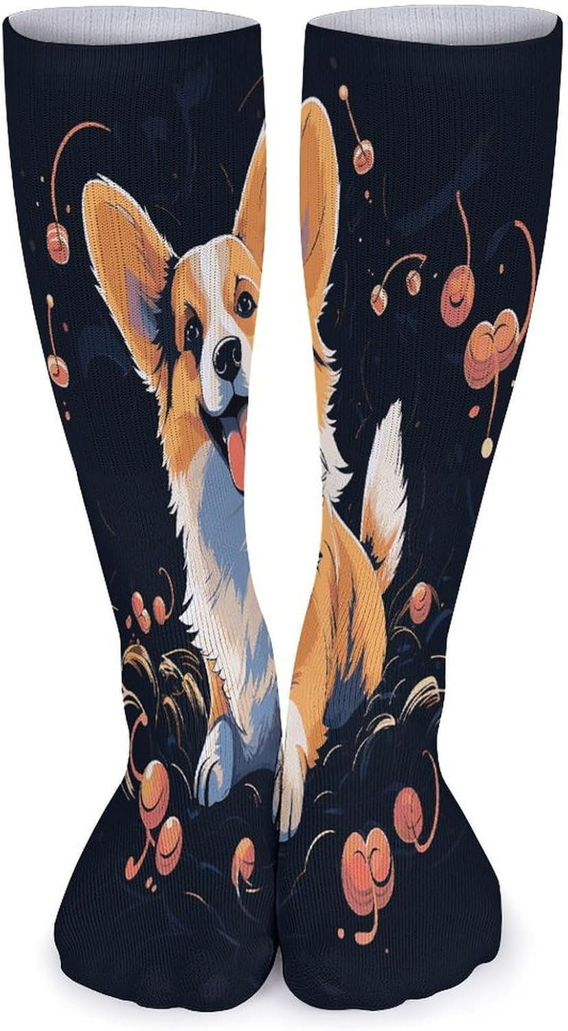 Corgi Dog on Dark Background Crew Socks Cozy Casual Calf Socks Lightweight Long Work Sock Breathable Athletic Sock for Hiking Sports Running 5 Pairs
