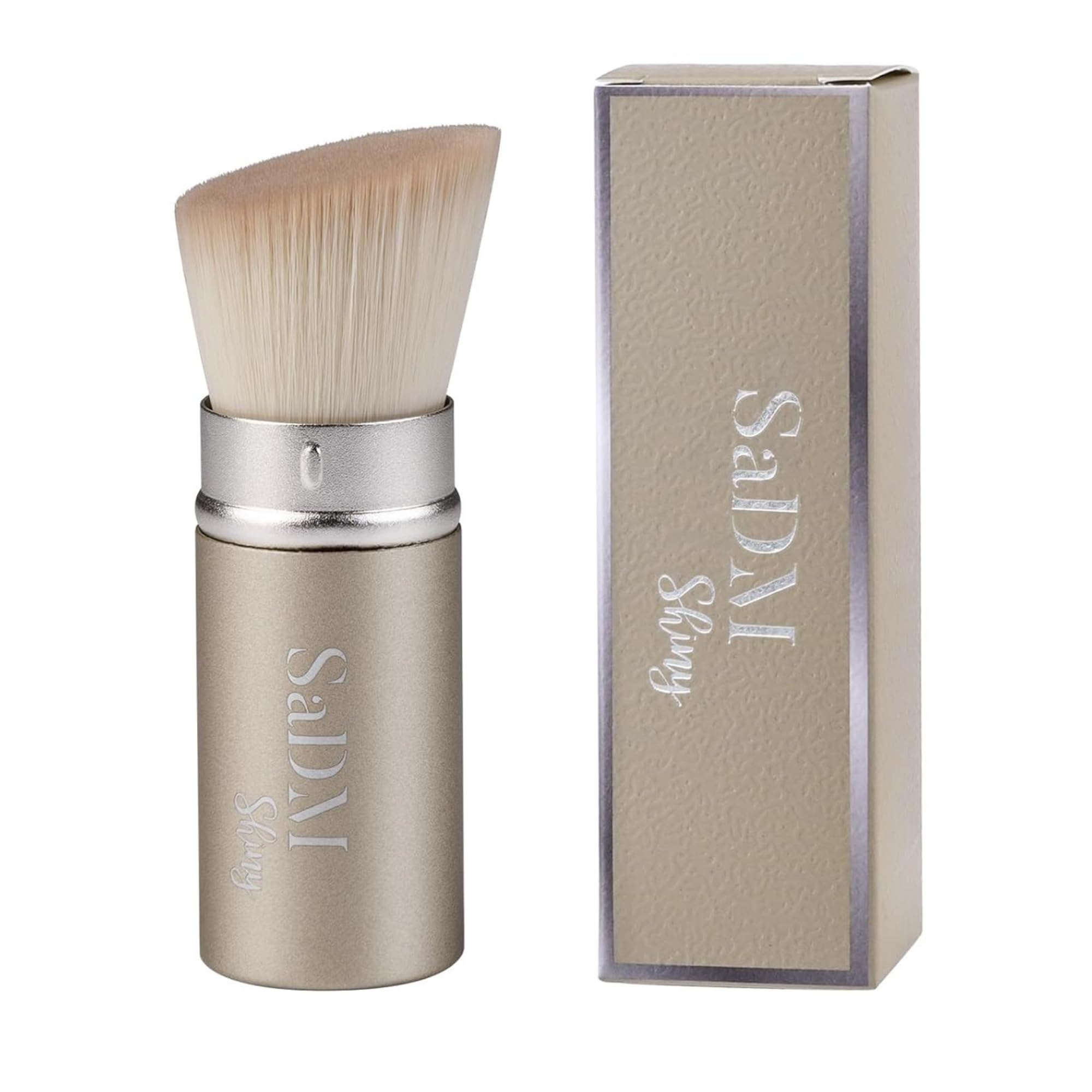 Kabuki Makeup Brush, White, Synthetic Hair, Professional Facial Brush with Retractable Handle, Portable Wand