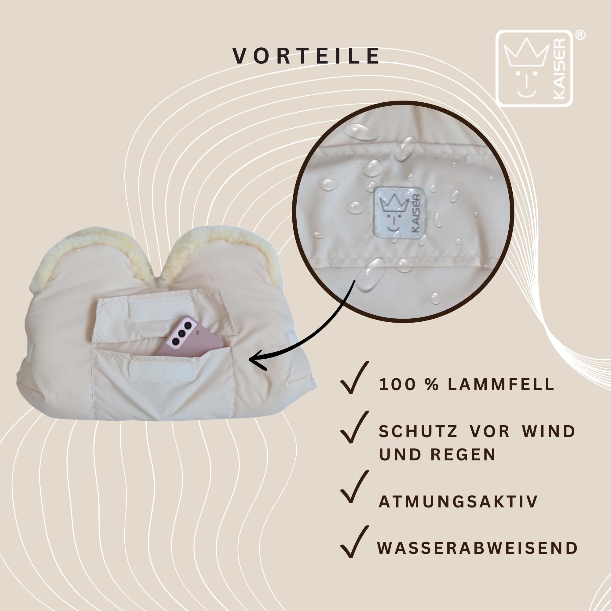 Lammfell Handwärmer für Kinderwagen, 45 x 22 cm, Schaffell Innenfutter, Wasserabweisend, mit Handytasche (cream)