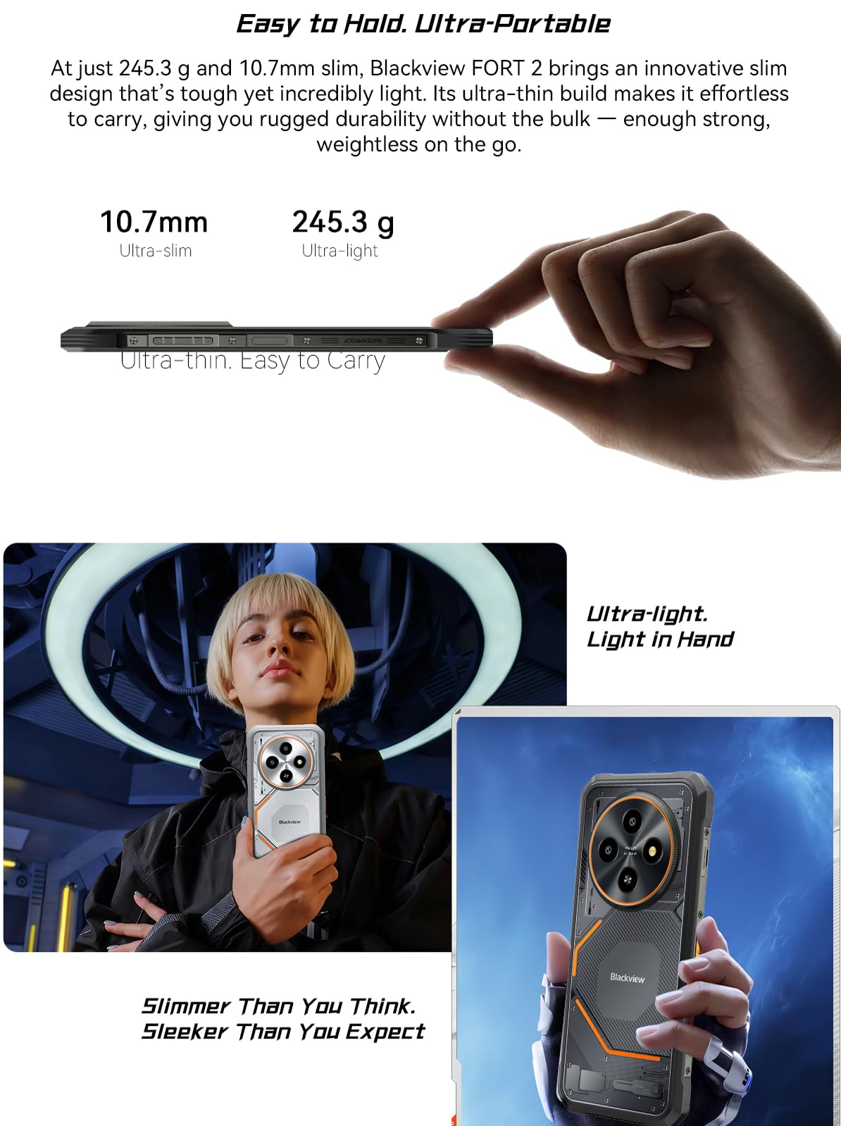 Blackview FORT 2 AI Smartphone Rugged Leggero, Editor di Foto IA, 24GB+256GB, 10,7mm Ultra-sottile, 16MP+13MP, 6,56'' HD+, Telefono Robusto IP68 Antiurto Cellulare, Android 15 DUAL SIM, GPS NFC Nero