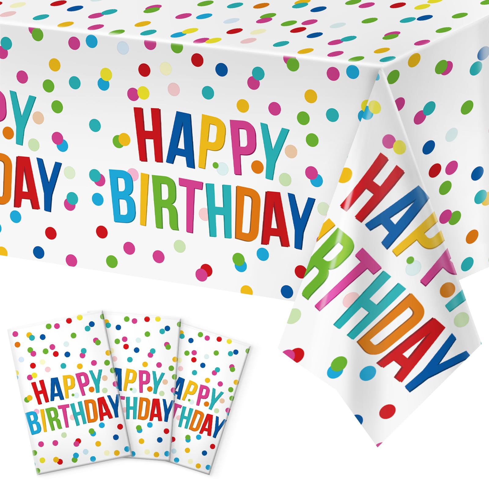 3pcs Birthday Tablecloth, Happy Birthday Decorations Set, Colorful Rainbow Dots Design with Happy Birthday Tablecloth. Waterproof Plastic Table Covers for Boys/Girls Party 54X108inch