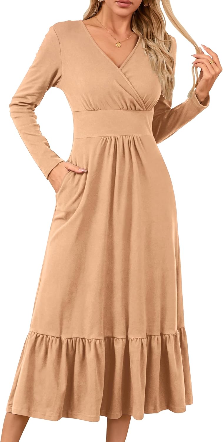 Womens Long Sleeve Cocktail Dresses Empire Waist A Line V Neck Formal Elegant Maxi Wrap Dress with Pockets