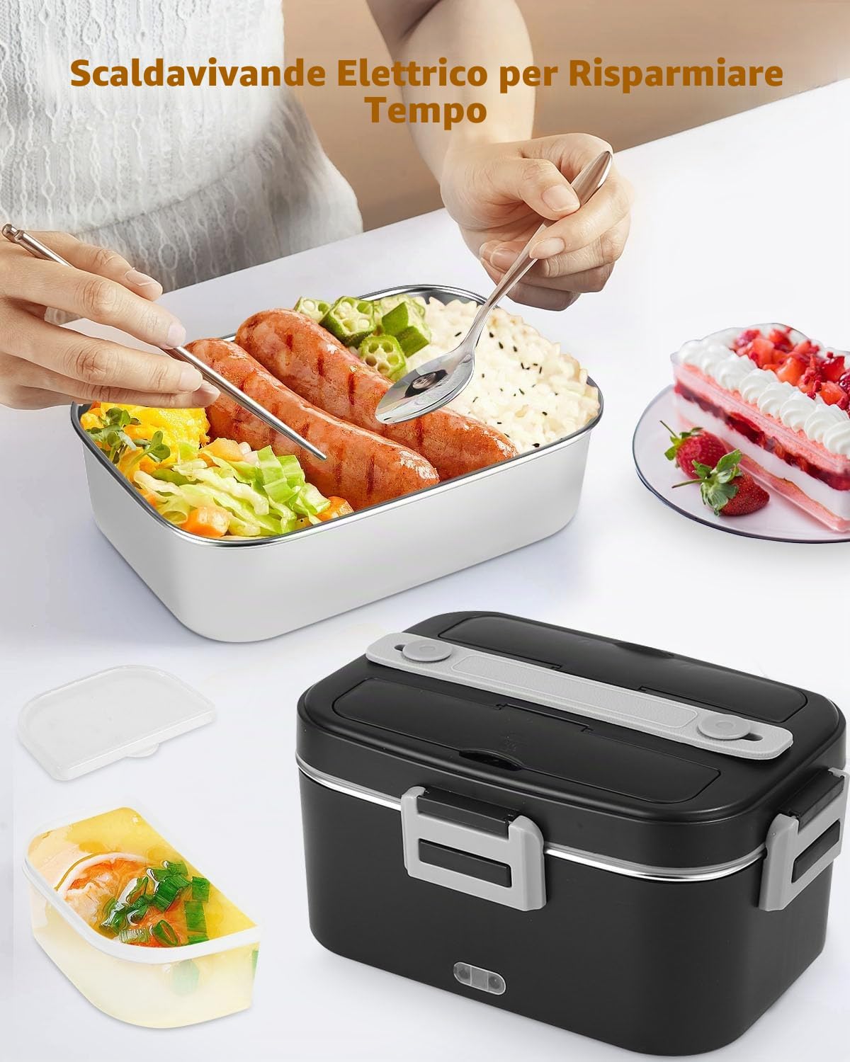 Scaldavivande Elettrico Portatile, 12V 24V 220V Porta Pranzo Riscaldabile, 1,8L Schiscetta Pranzo Riscaldabile, Portavivande Elettrico Portatile per Auto Camion e Ufficio, Nero