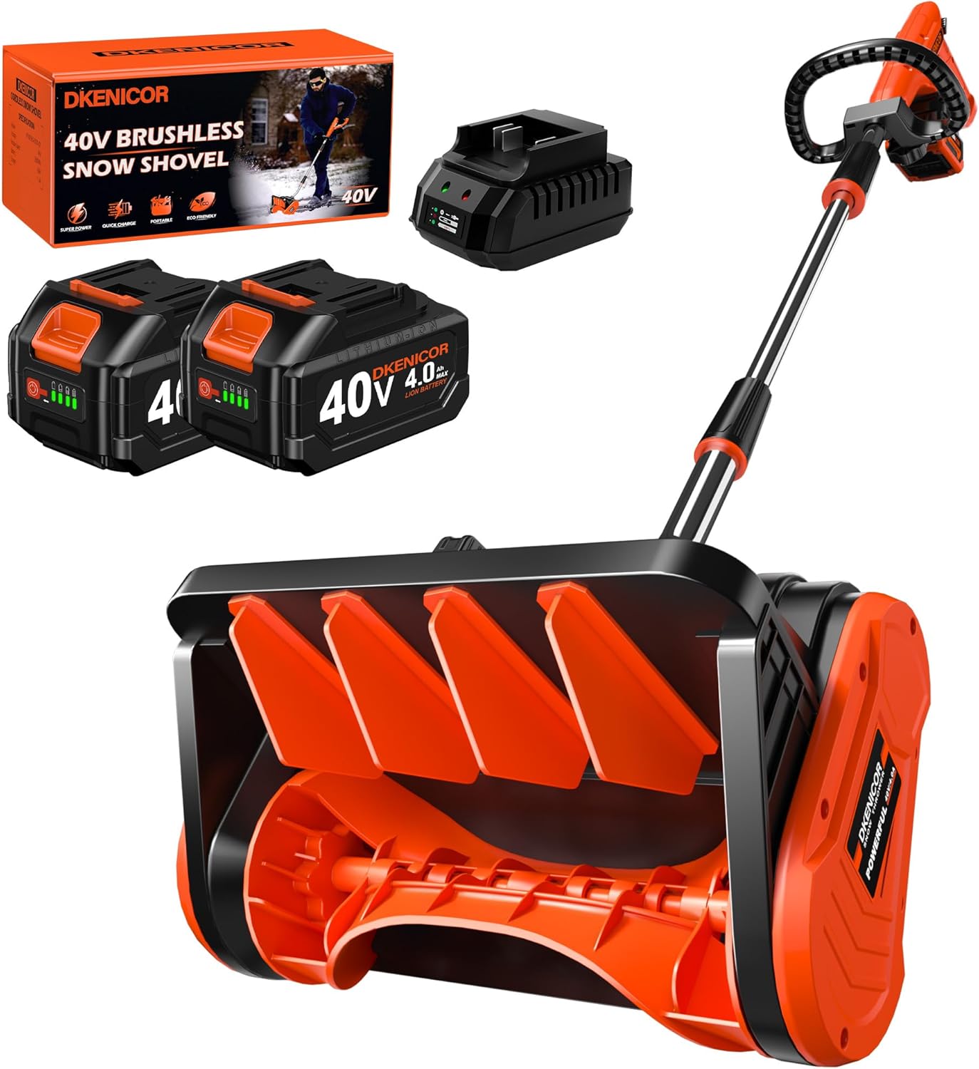 40V Cordless Snow Shovel, 13-Inch | 2 x 40V 4.0A Battery Powered Snow Blower, Powerful Brushless Electric Snow Shovels with Quick Charger & Directional Plate for Pathway, Patio, Deck, Driveway