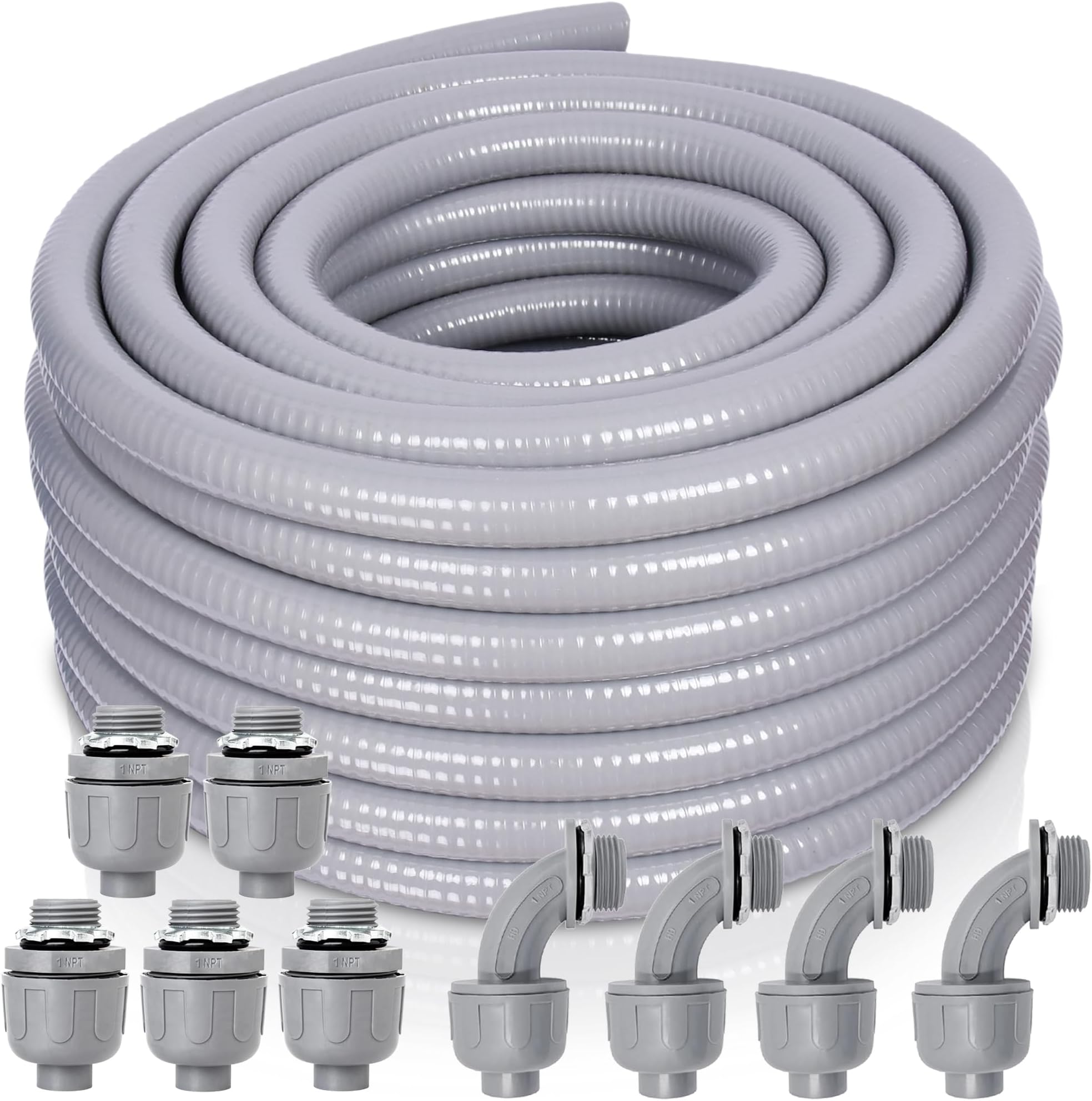 1 Inch 50 FT Non Metallic Liquid-Tight Conduit and Connector Kit - Includes 5 Straight and 4 Angle Fittings for Electrical Wiring